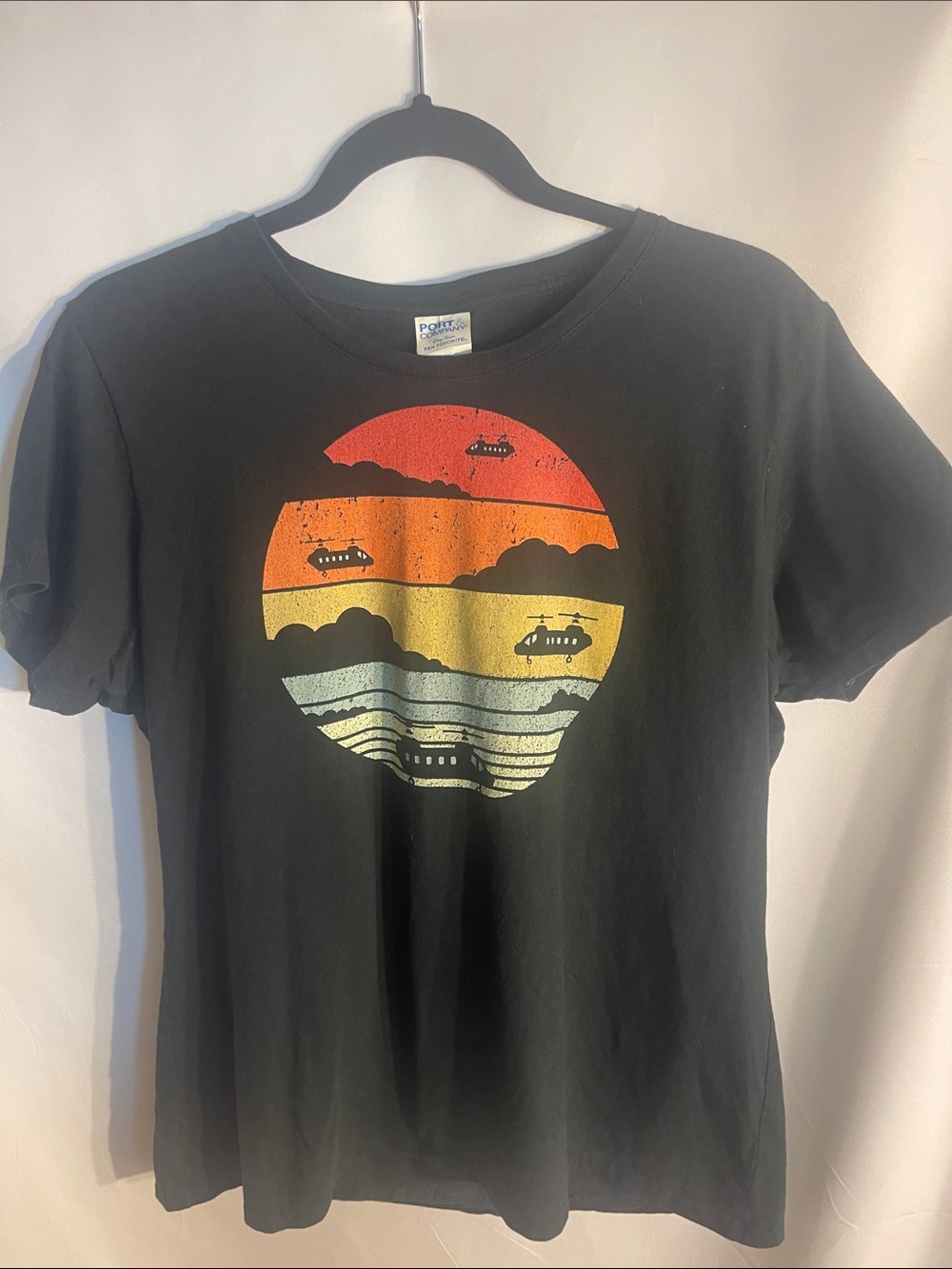 Unbranded Black Short Sleeve Tee with Sunset Helicopter Graphic